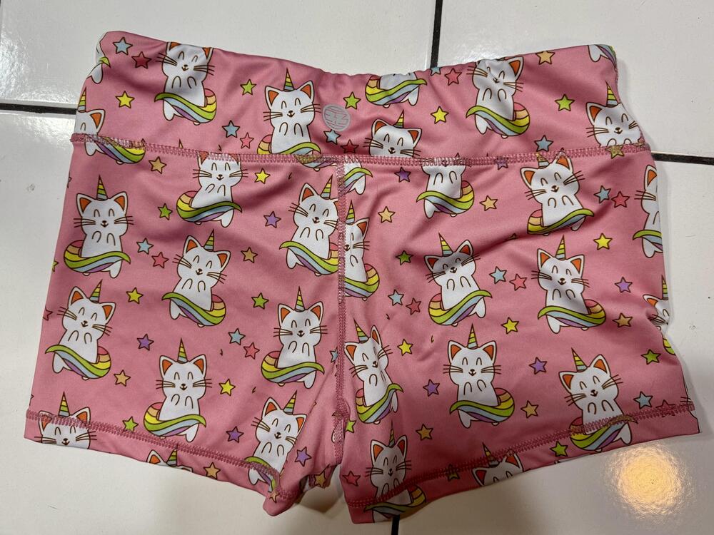 IAB MFG Swim Shorts Girls Large Pink Caticorn Unicorn Rainbow Stars Print